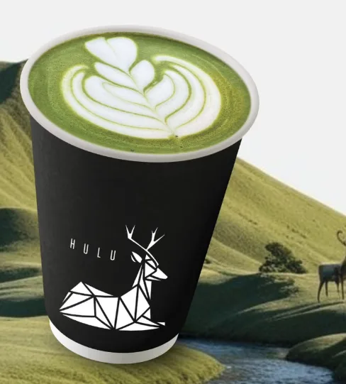 Iced Rikyu matcha latte with the Hulu deer on the cup