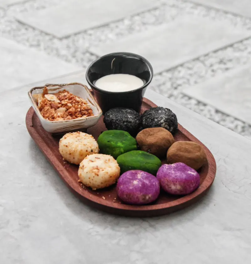 Platter of colourful mochi